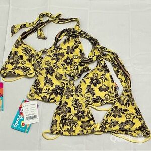 New Yellow Floral Triangle Halter Bikinis Tops - 3 pcs set
